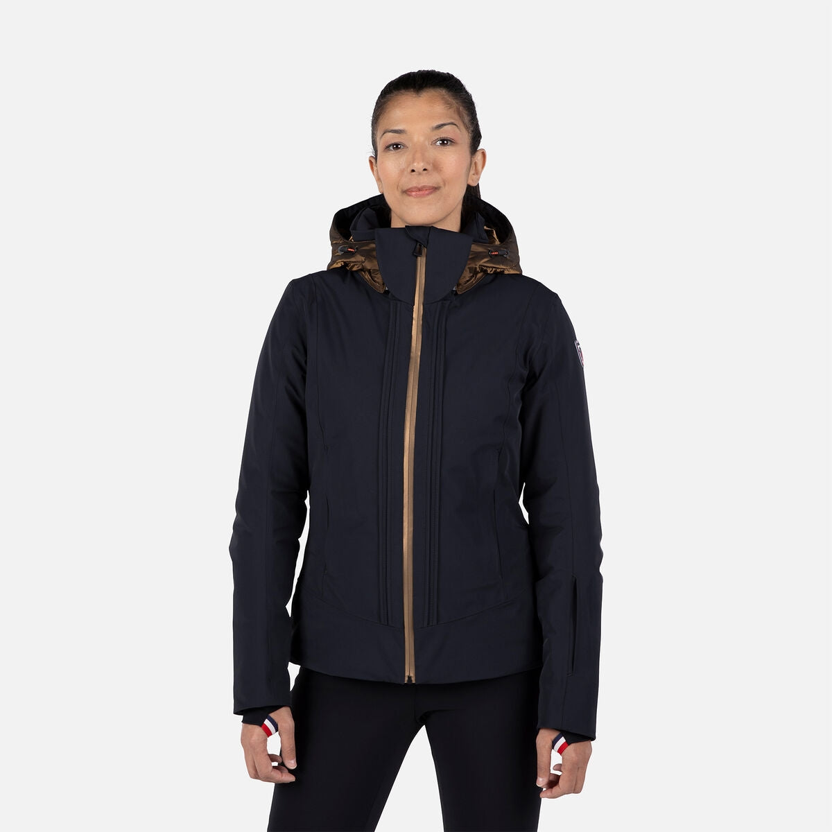 Rossignol Diretta Womens Jacket ski jacket -- front view on model showing insulated shell and hood at Willis Ski and Board