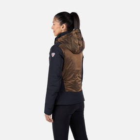 Rossignol Diretta Womens Jacket ski jacket -- Black colorway front view on model with hood and cuffs