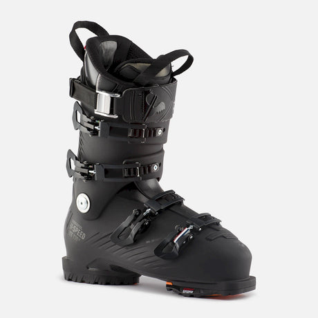 Rossignol Hi-Speed Elite 130 Carbon LV GW ski boot in black, side view showing the buckles, the power strap and the walk-friendly sole.