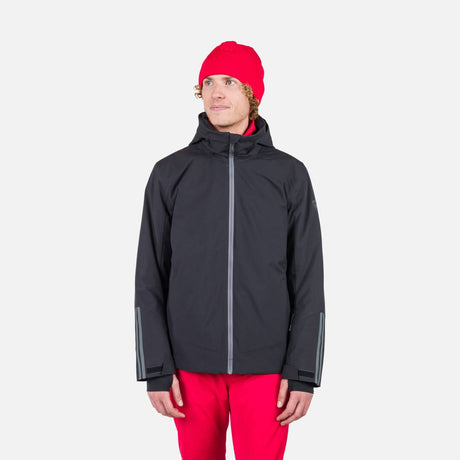Rossignol Mens Strawpile Jacket ski jacket -- Black colorway front view on model with hood and cuffs