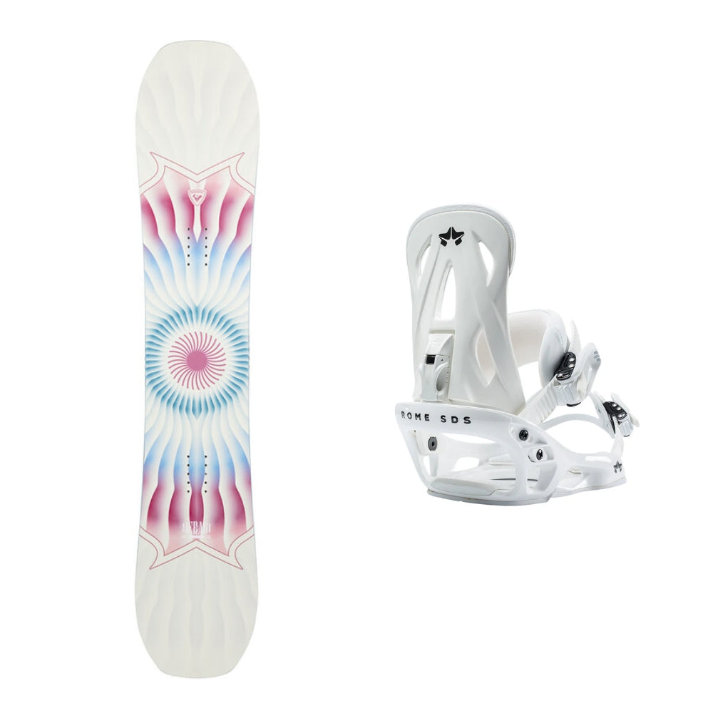 This is an image of Rossignol Meraki Snowboard 2026 with Rome Shift Bindings