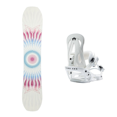 This is an image of Rossignol Meraki Snowboard 2026 with Rome Shift Bindings