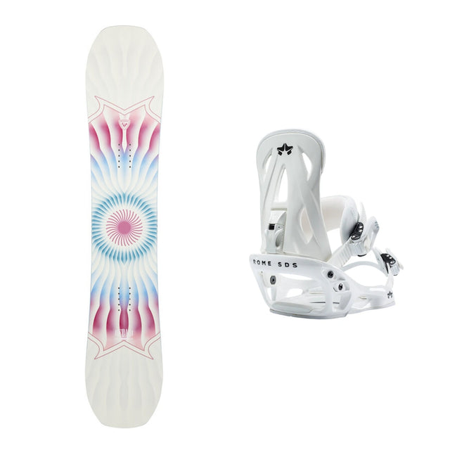 This is an image of Rossignol Meraki Snowboard 2026 with Rome Shift Bindings