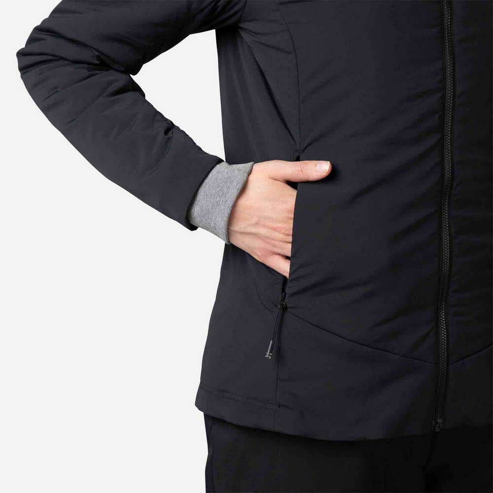 Rossignol Opside Womens Jacket 2024 ski jacket -- Black colorway front view on model with hood and cuffs