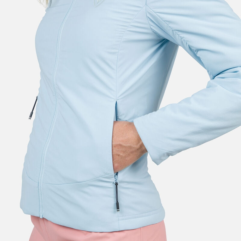 Rossignol Opside Womens Jacket 2024 ski jacket -- Glacier colorway detail view of hood lining and wrist cuff design