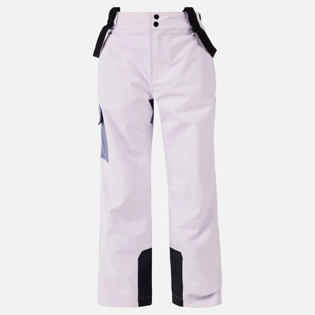 Rossignol Outerlimits junior pant in pale lavender with black suspenders and black cuff patches, front view of the snow pants.