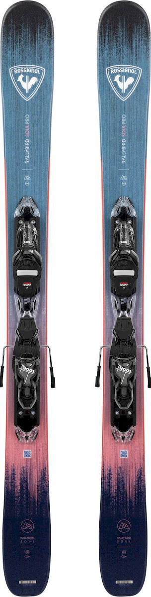 Rossignol Rallybird Soul Pro skis with Xpress 10 bindings in blue and pink, top view of the pair standing on end. Available at Willi's Ski Shop.
