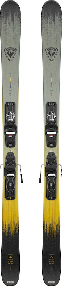 Rossignol Sender Soul Pro skis with Xpress 10 bindings in gray and gold, top view of the pair standing on end. Available at Willi's Ski Shop.