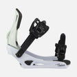 Rossignol Soulside snowboard binding in white and gray, side view of the highback, the large ankle strap and the Soulside script on the base.