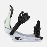 Rossignol Soulside snowboard binding in white and gray, side view of the highback, the large ankle strap and the Soulside script on the base.