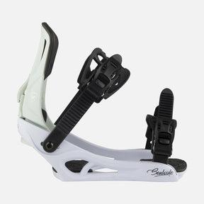 Rossignol Soulside snowboard binding in white and gray, side view of the highback, the large ankle strap and the Soulside script on the base.