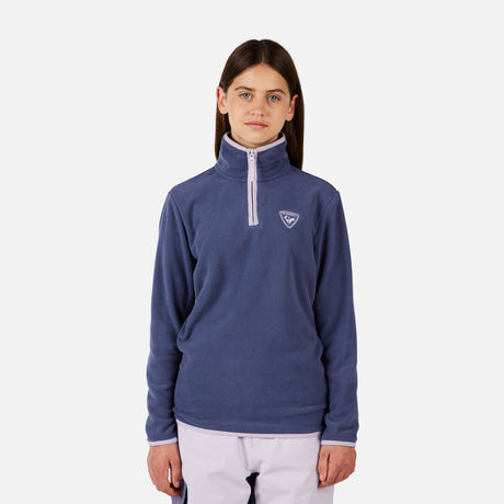 Rossignol Strawpile Junior Hz Fleece 2026 mid layer -- True Night Blue colorway front view on model