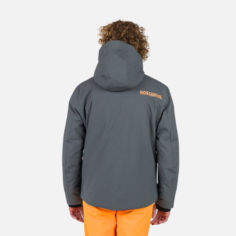 Rossignol Strawpile Mens Jacket 2026 ski jacket -- Onyx Grey colorway front view on model with hood and cuffs