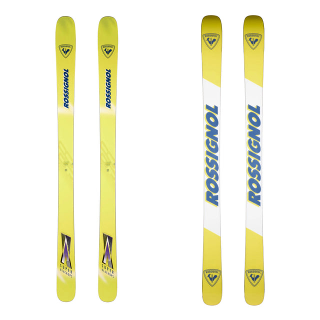 Rossignol Super Blackops Open skis in bright yellow with blue lettering, top view beside the yellow and white base. Available at Willi's Ski Shop.