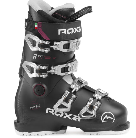 Roxa R Fit W Sport women's ski boot in black with silver buckles, side view showing the Roxa name, the Big Fit label and a dial.