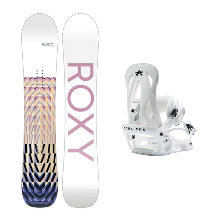 This is an image of Roxy Breeze Snowboard with Rome Shift Bindings