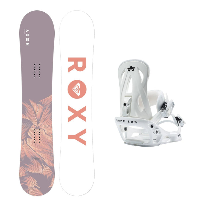 This is an image of Roxy Raina Snowboard 2026 with Rome Shift Bindings