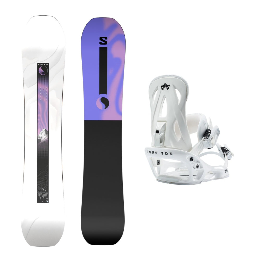 Salomon Bliss Snowboard 2026 alpine binding -- With Rome Shift Bindings colorway top view showing toe and heel piece
