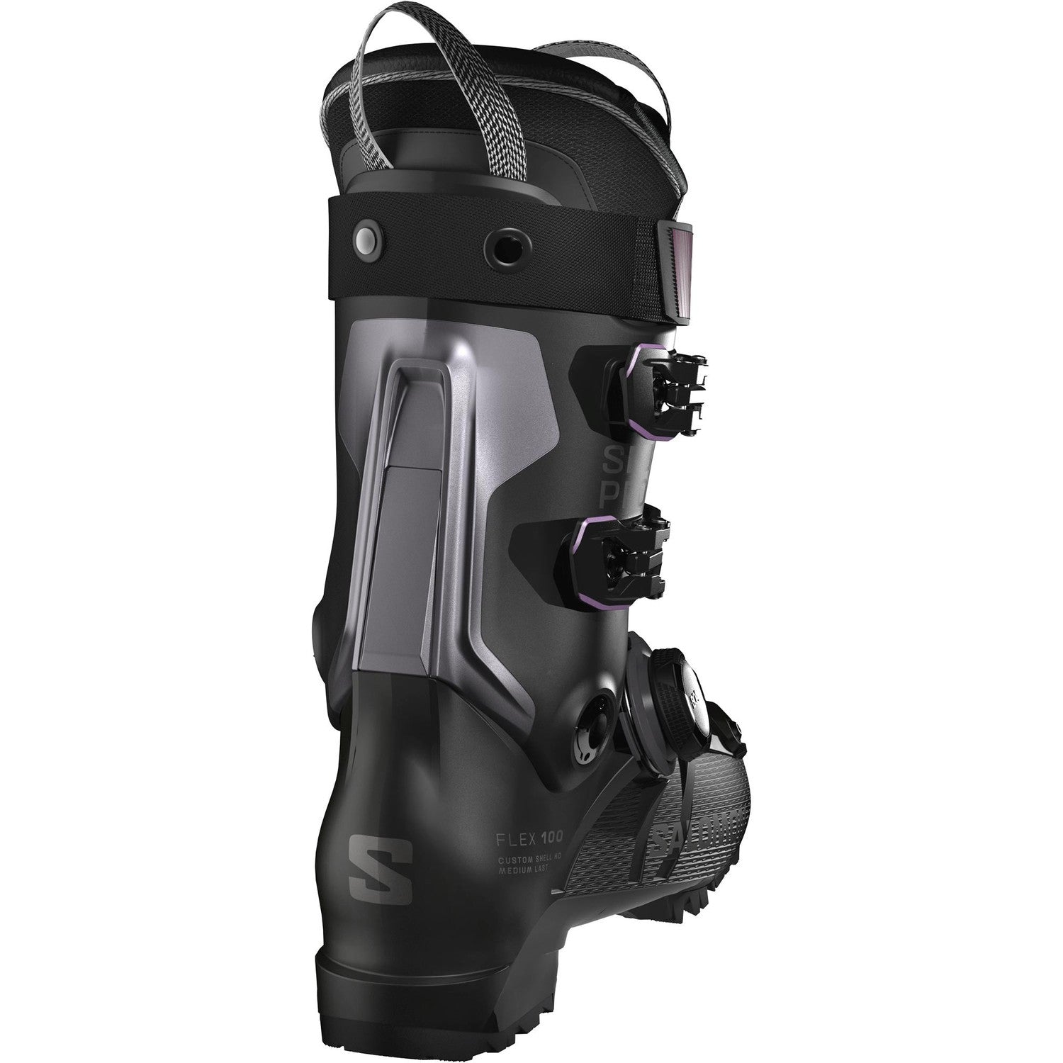 Salomon S Pro Supra Boa 100 Gw Ski Boots 2026 alpine ski boot -- Black Dark Gray colorway outside profile view