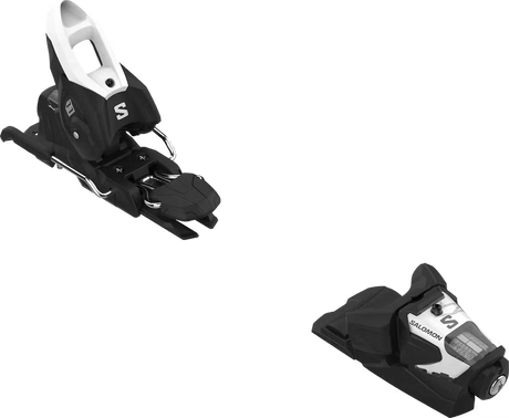 Salomon Stage 11 GW ski bindings in black and white, top view of the toe piece and the heel piece with the Salomon S logo.