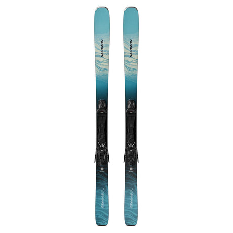 Salomon Stance W 80 skis with M10 bindings in teal and black, top view. Available at Willi's Ski Shop.