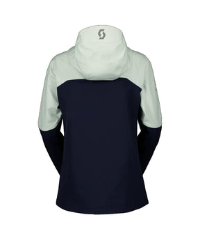 Scott Explorair Softshell Womens Jacket ski jacket -- Dark Blue colorway front view on model with hood and cuffs