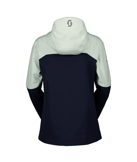 Scott Explorair Softshell Womens Jacket ski jacket -- Dark Blue colorway front view on model with hood and cuffs