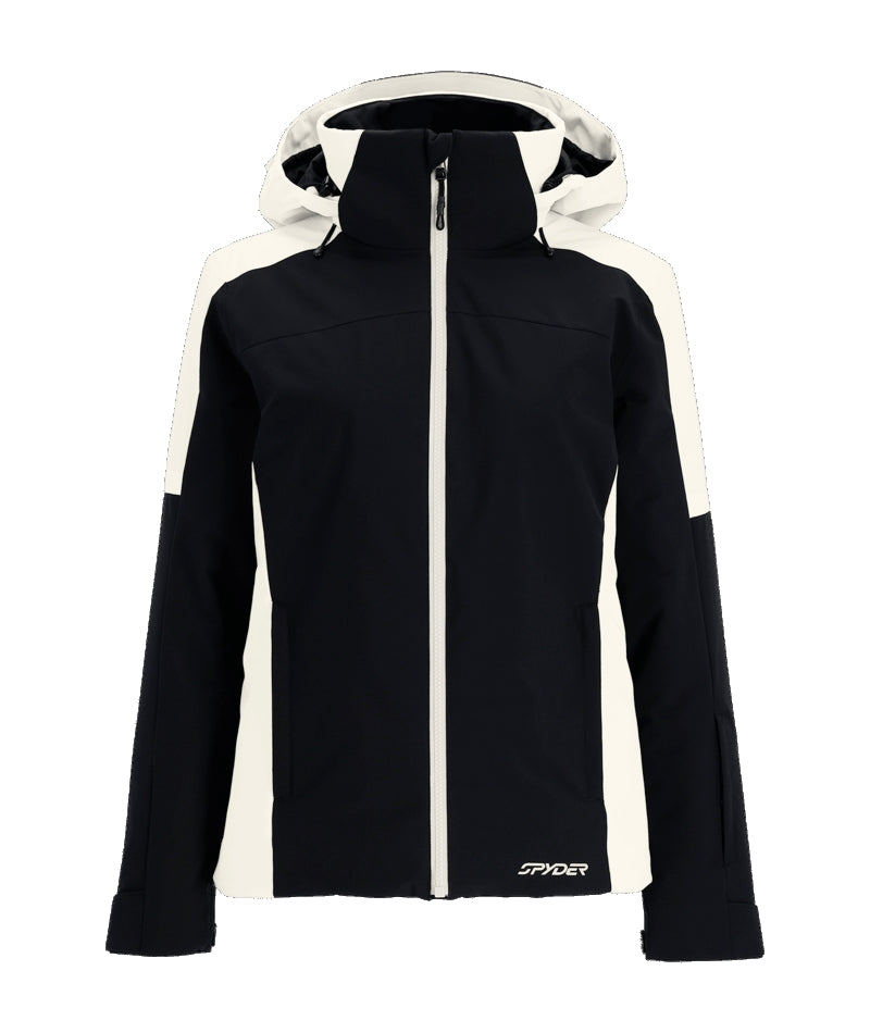 Spyder Andorra Womens Jacket ski jacket -- front view on model showing insulated shell and hood at Willis Ski and Board