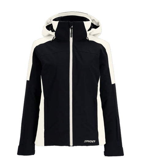 Spyder Andorra Womens Jacket ski jacket -- front view on model showing insulated shell and hood at Willis Ski and Board