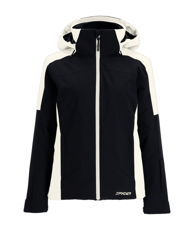 Spyder Andorra Womens Jacket ski jacket -- front view on model showing insulated shell and hood at Willis Ski and Board