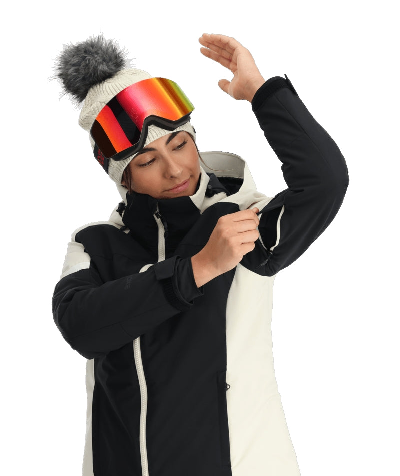 Spyder Andorra Womens Jacket ski jacket -- Black colorway front view on model with hood and cuffs