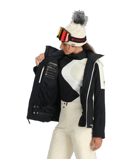 Spyder Andorra Womens Jacket ski jacket -- Black colorway front view on model with hood and cuffs