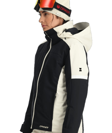 Spyder Andorra Womens Jacket ski jacket -- Black colorway outside profile showing zippered pockets and seams