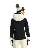 Spyder Andorra Womens Jacket ski jacket -- Black colorway back view showing articulated powder skirt and fit