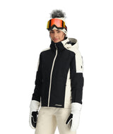 Spyder Andorra Womens Jacket ski jacket -- Black colorway detail view of hood lining and wrist cuff design