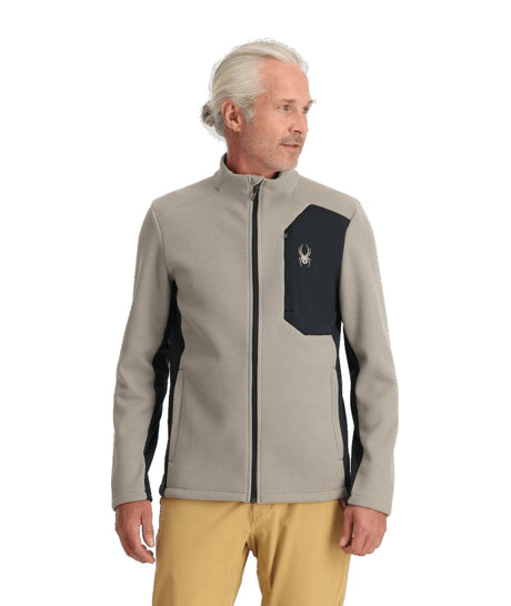 Spyder Bandit Mens Jacket ski jacket -- Concrete colorway front view on model with hood and cuffs
