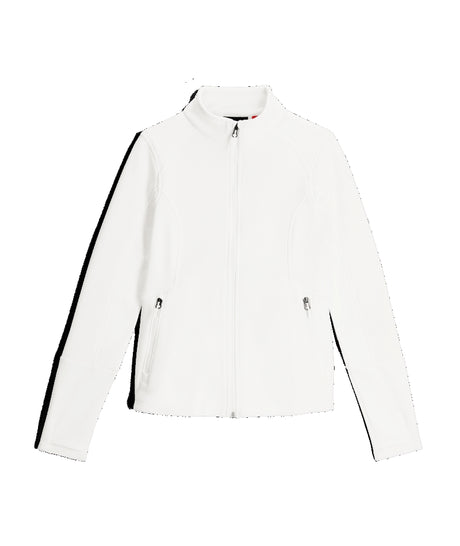 Spyder Bandita Womens Jacket ski jacket -- White colorway back view showing articulated powder skirt and fit