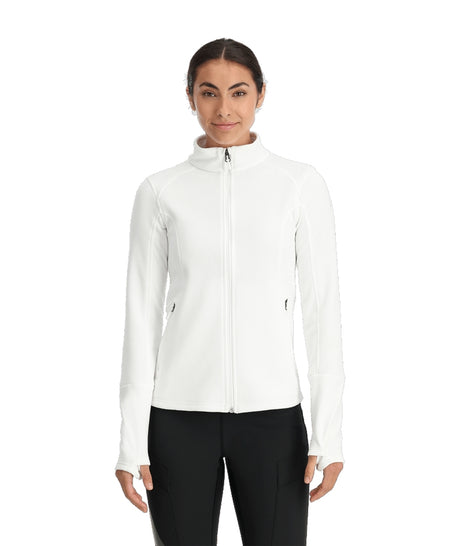 Spyder Bandita Womens Jacket ski jacket -- White colorway front view on model with hood and cuffs