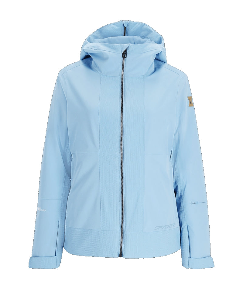 Spyder Cascade Womens Jacket ski jacket -- front view on model showing insulated shell and hood at Willis Ski and Board