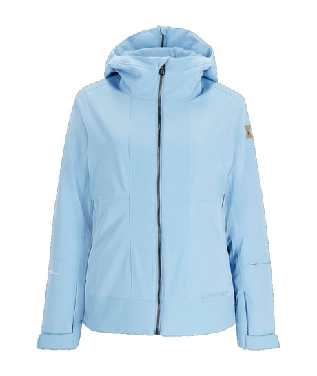 Spyder Cascade Womens Jacket ski jacket -- front view on model showing insulated shell and hood at Willis Ski and Board