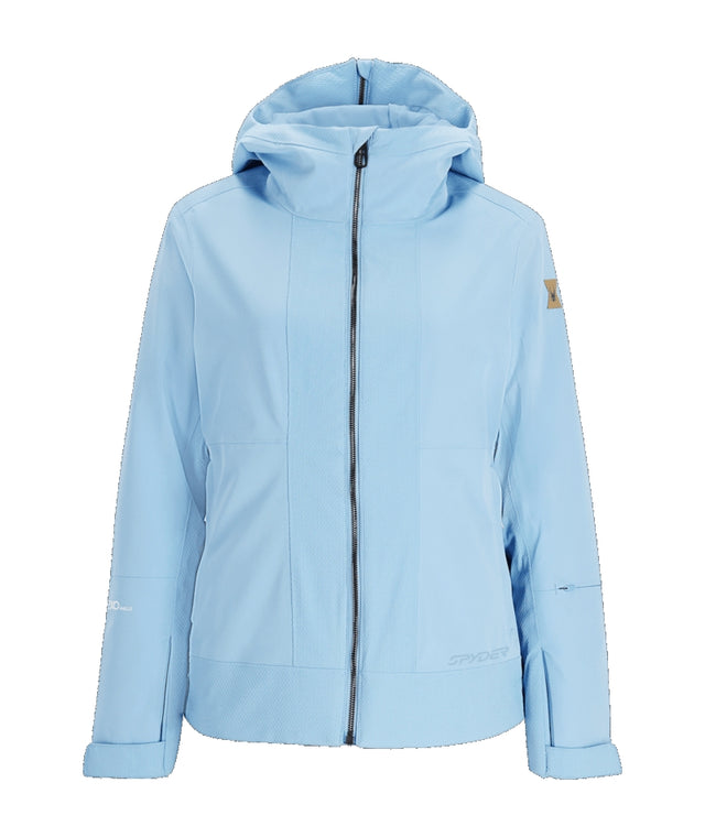 Spyder Cascade Womens Jacket ski jacket -- front view on model showing insulated shell and hood at Willis Ski and Board