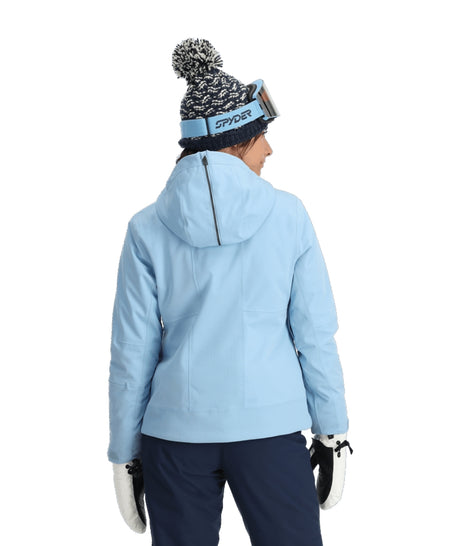 Spyder Cascade Womens Jacket ski jacket -- Blue Drift colorway front view on model with hood and cuffs