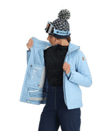 Spyder Cascade Womens Jacket ski jacket -- Blue Drift colorway front view on model with hood and cuffs