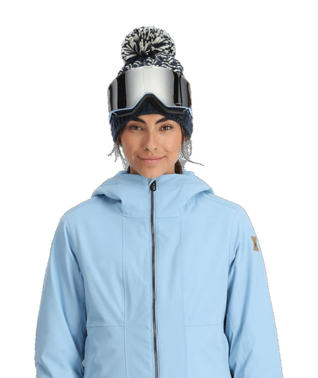 Spyder Cascade Womens Jacket ski jacket -- Blue Drift 4 colorway detail view of hood lining and wrist cuff design