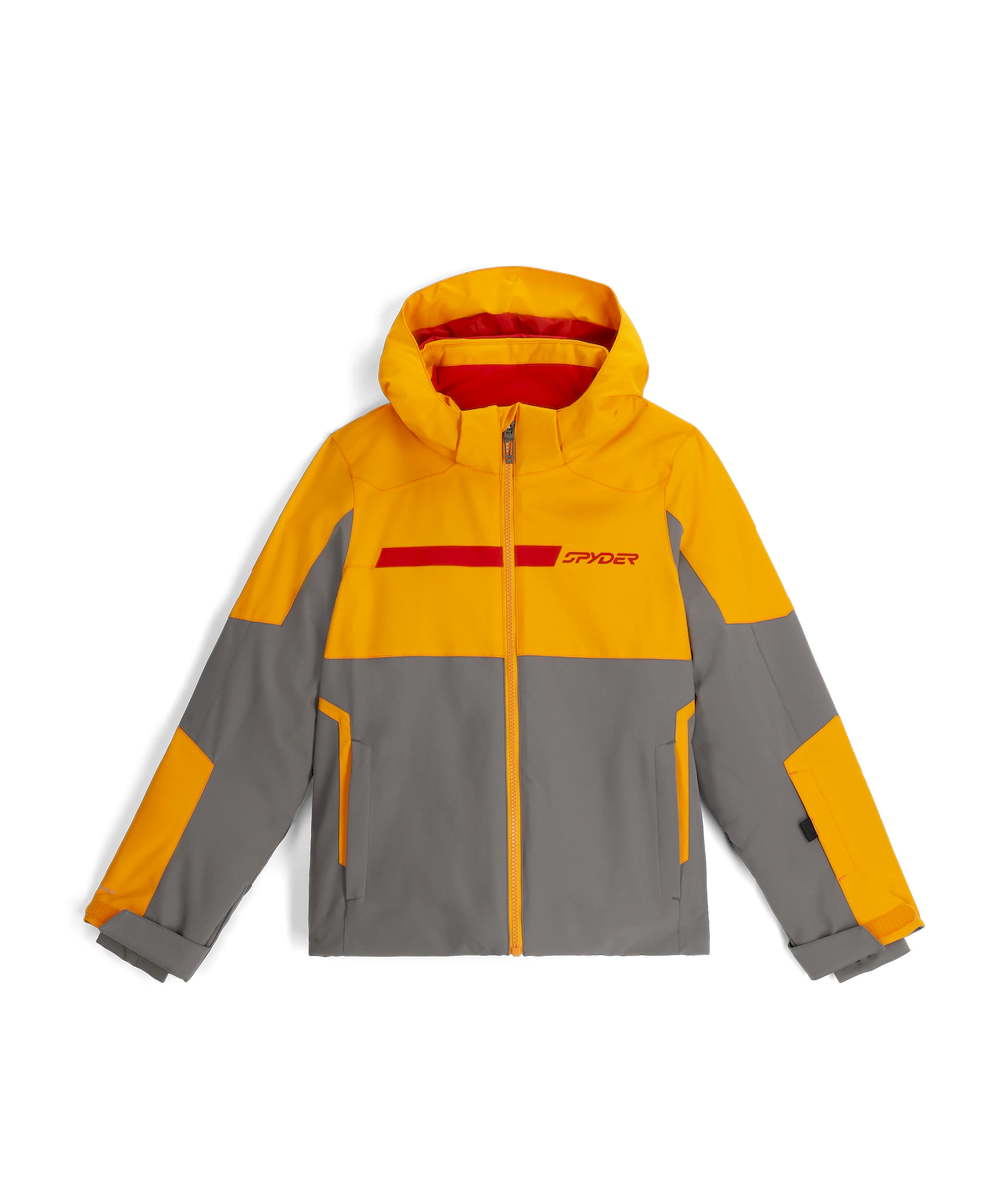 Spyder Challenger junior jacket in gold-yellow and gray with a red chest band, front view with the hood up and a zip front.
