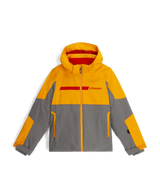 Spyder Challenger junior jacket in gold-yellow and gray with a red chest band, front view with the hood up and a zip front.