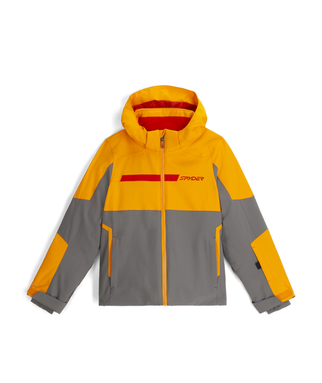 Spyder Challenger junior jacket in gold-yellow and gray with a red chest band, front view with the hood up and a zip front.