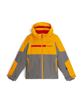 Spyder Challenger Junior Jacket 2026 ski jacket -- front view on model showing insulated shell and hood at Willis Ski and