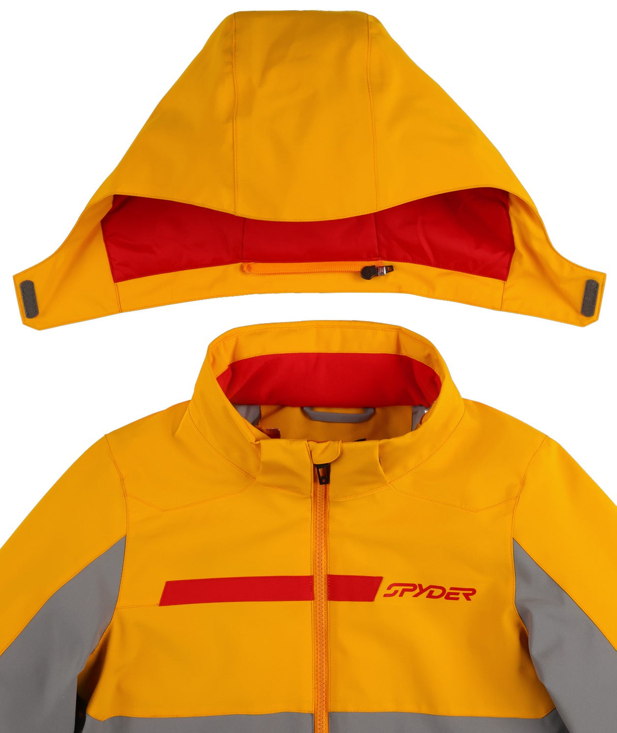 Spyder Challenger Junior Jacket 2026 ski jacket -- Storm colorway front view on model with hood and cuffs