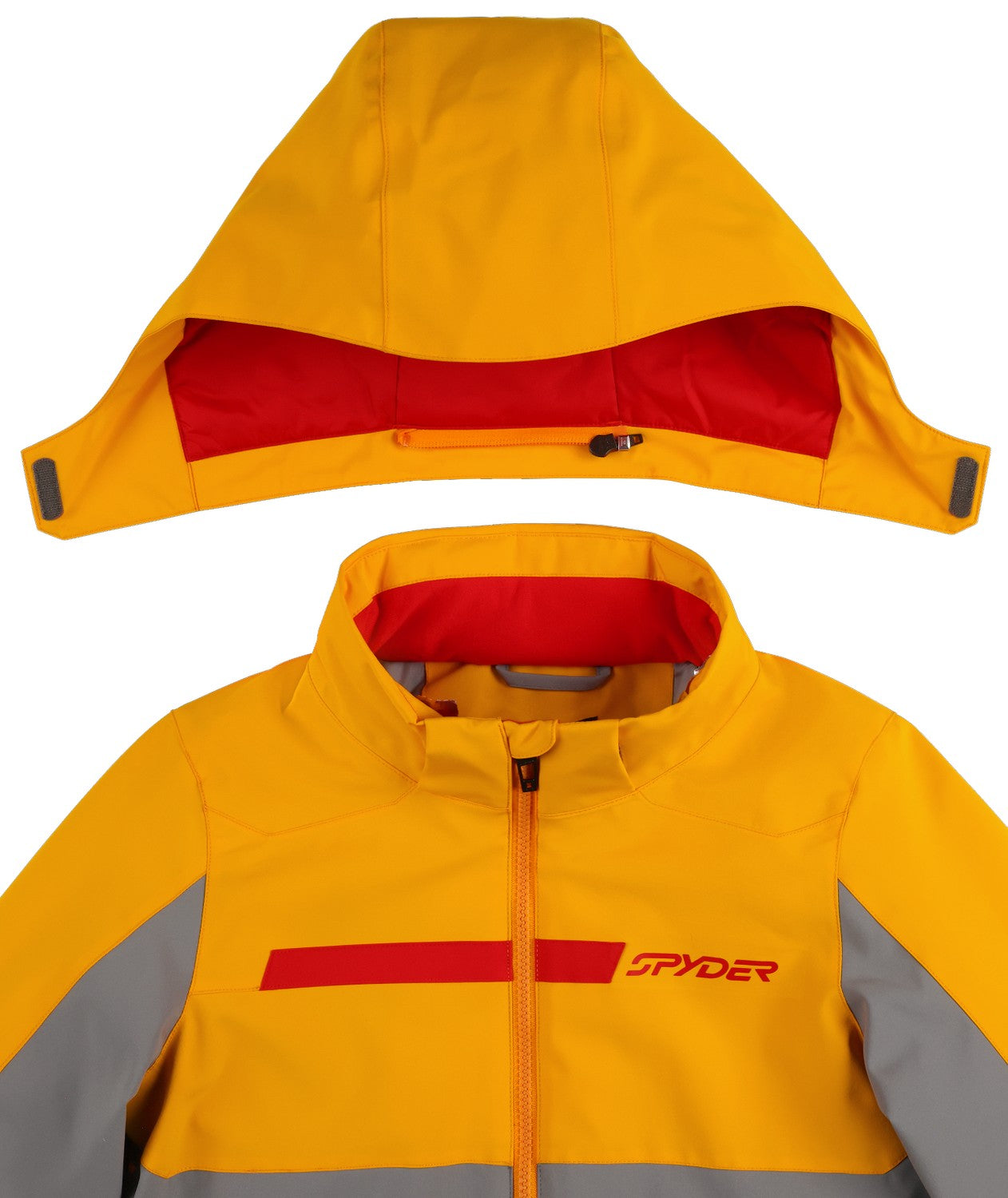 Spyder Challenger Junior Jacket 2026 ski jacket -- Storm colorway front view on model with hood and cuffs